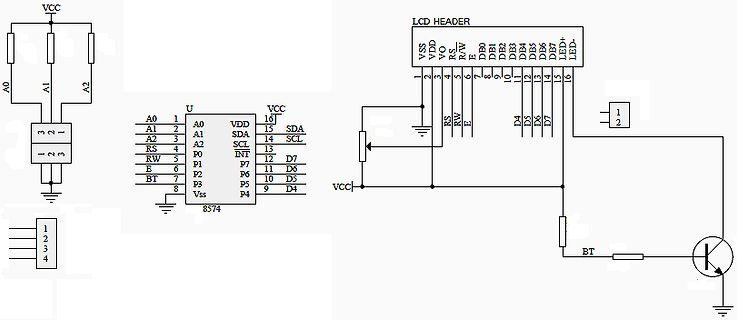 Schaltplan mit LCD-Header und I2C-Adapter 8574