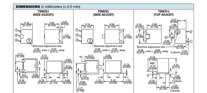 Technische Zeichnungen von TSM3ZJ und TSM3YJ Bauteilen