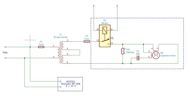 Schaltplan eines Netzteils mit Ringkerntrafo und Synchronmotor