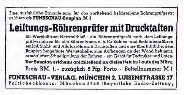 Anzeige für einen Röhrenprüfer Bauplan