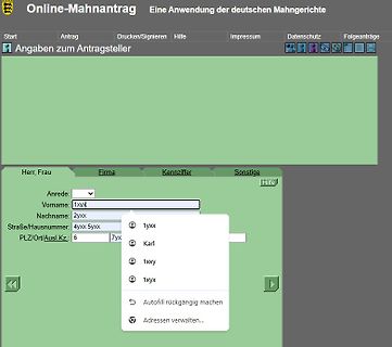 Screenshot einer Online-Mahnantrag Software
