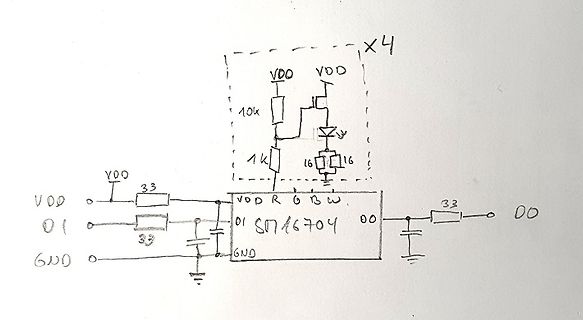 Handgezeichneter Schaltplan mit LED-Schaltung und SN741604