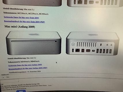 Foto eines Computerbildschirms mit Mac mini Informationen