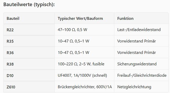 Tabelle mit Bauteilwerten