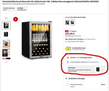 Produktseite eines Getränkekühlschranks