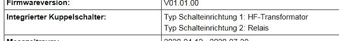 Ausschnitt einer Softwareoberfläche mit Gerätedaten