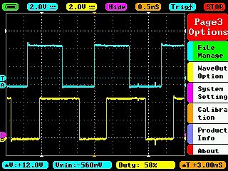 Oszilloskop-Screenshot mit zwei Rechtecksignalen
