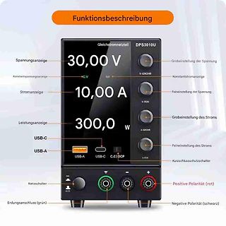 Produktgrafik eines DPS3010U Gleichstromnetzteils mit Beschriftungen