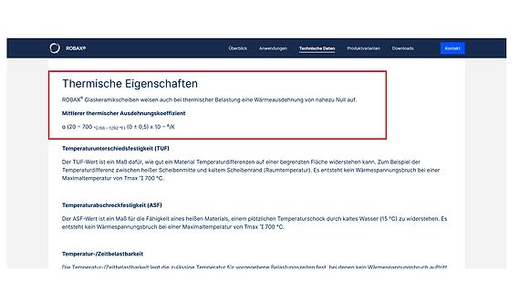 Webseite mit thermischen Eigenschaften von ROBAX Glasceramikscheiben