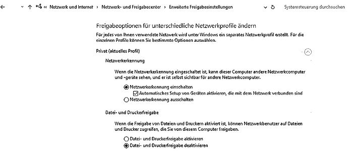 Windows-Einstellungen für Netzwerkprofile und Freigabeoptionen