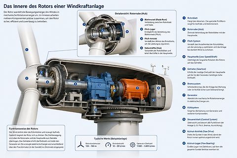 Technische Illustration des Innenlebens einer Windkraftanlage