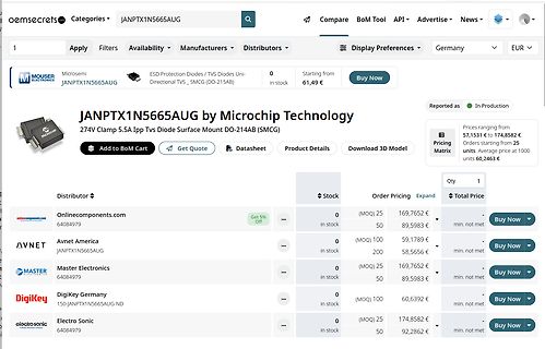 Screenshot einer Mouser Electronics Webseite für ein Bauteil