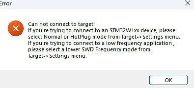 Fehlermeldung beim Verbindungsaufbau zu STM32W1xx Gerät