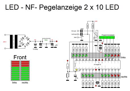 Schaltplan einer LED-Pegelanzeige mit ATmega8-16