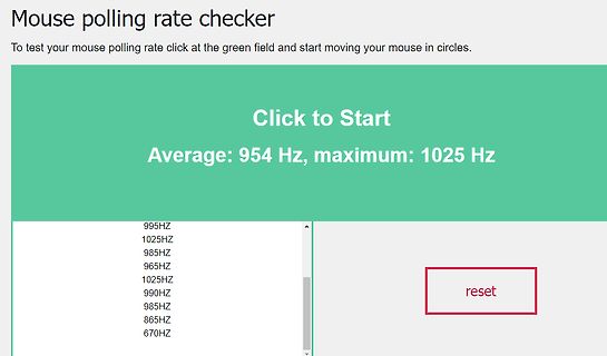 Screenshot eines Mouse Polling Rate Checkers
