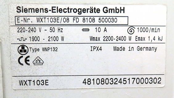 Typenschild eines Siemens Elektrogeräts