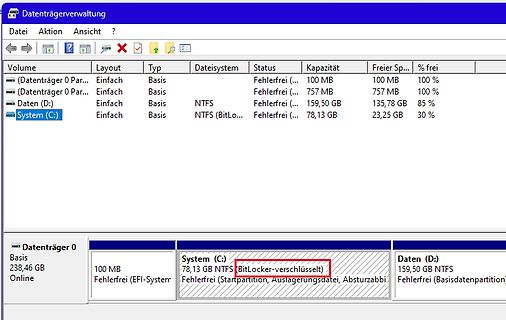 Windows Datenträgerverwaltung mit BitLocker-verschlüsseltem Laufwerk