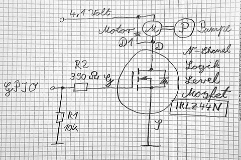 Handgezeichneter Schaltplan mit MOSFET und Motor