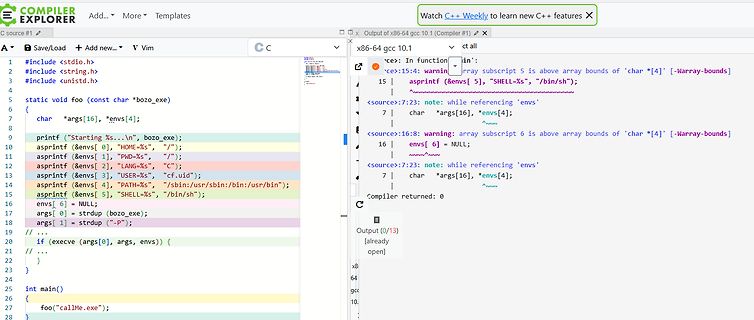 Screenshot eines C-Quellcodes und Compiler-Ausgabe