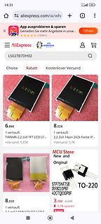 Screenshot von AliExpress mit LCD-Displays und Transistoren