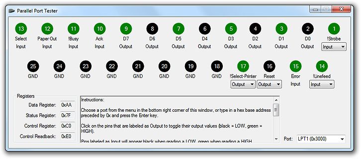 Software-Interface eines Parallel Port Testers