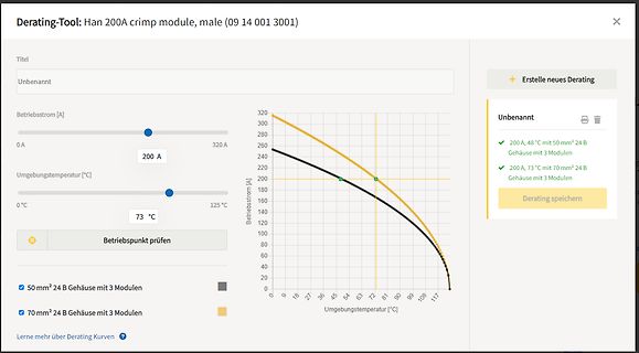 Software-Screenshot eines Derating-Tools für ein Krimpmodul