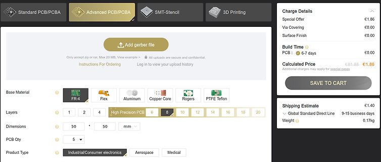 Webseite zur Konfiguration einer PCB-Bestellung