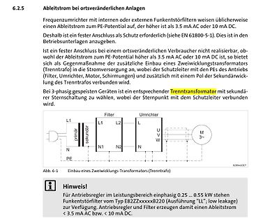 Text und Schaltplan zu Ableitströmen und Trenntransformatoren