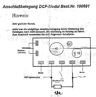 Korrekturhinweis und Anschlussbelegung DCF-Modul