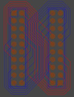 CAD-Layout einer Leiterplatte mit Leiterbahnen und Pads