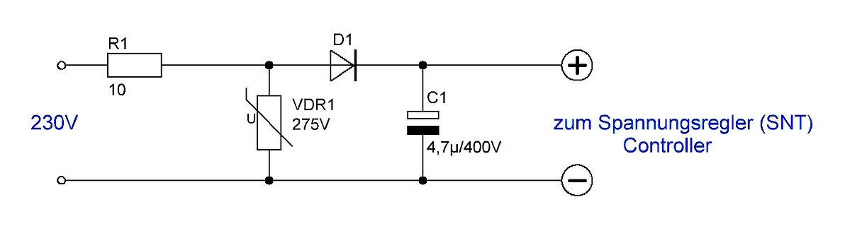 Schaltplan einer Glättungsschaltung mit Varistor und Diode