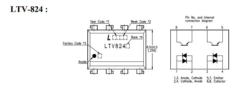 Gehäusezeichnung und Pinbelegung LTV-824