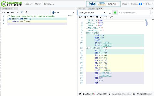Screenshot eines Online-C++-Compilers mit Assembler-Ausgabe