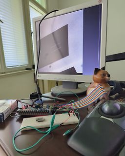 Elektronik-Aufbau mit Mikrocontroller, Breadboard und Monitor