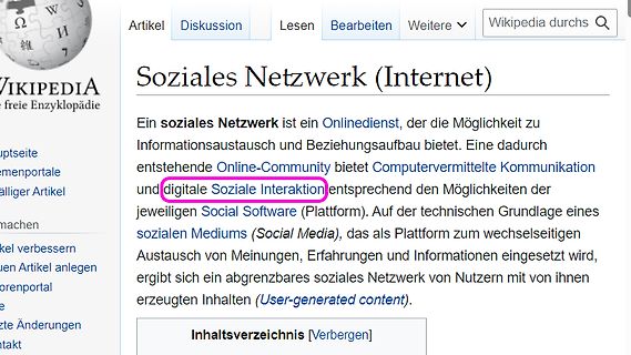 Wikipedia-Artikel über Soziales Netzwerk