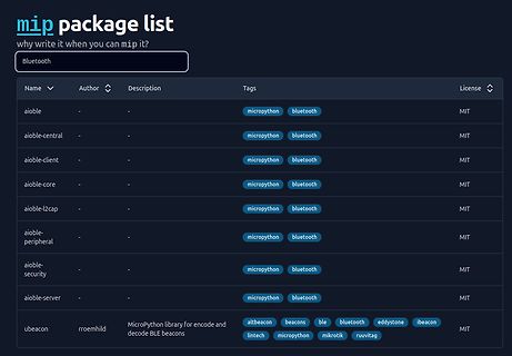 Software-Paketliste für mip Bluetooth-Module
