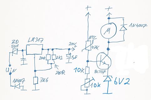 Handgezeichneter Schaltplan einer Schaltung mit LM317 und Motor