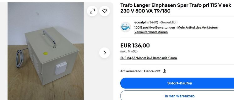 Online-Verkaufsanzeige eines Transformators