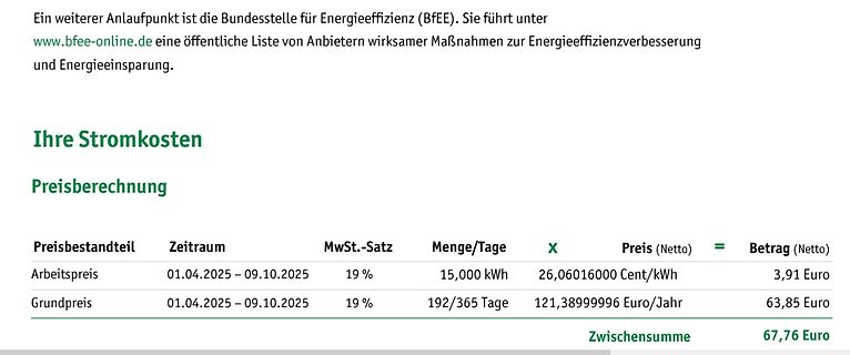 Screenshot einer Stromkosten-Preisberechnung