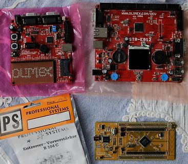 Olimex STR-E912 Entwicklungsboard und weitere Elektronikkomponenten