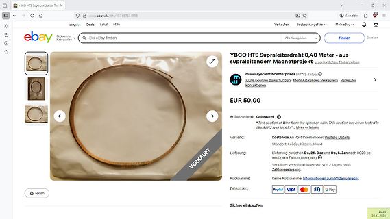 eBay Verkaufsanzeige für YBCO HTS Supraleiterdraht