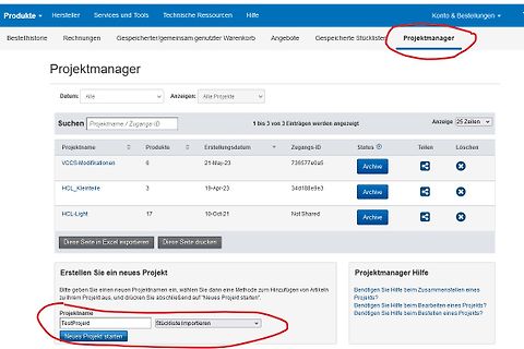 Screenshot eines Projektmanagers in einer Webanwendung