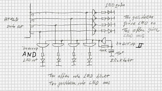 Handgezeichneter Schaltplan mit Logikgattern und LEDs