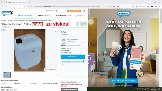 Screenshot einer Willhaben-Anzeige für Silikonöl