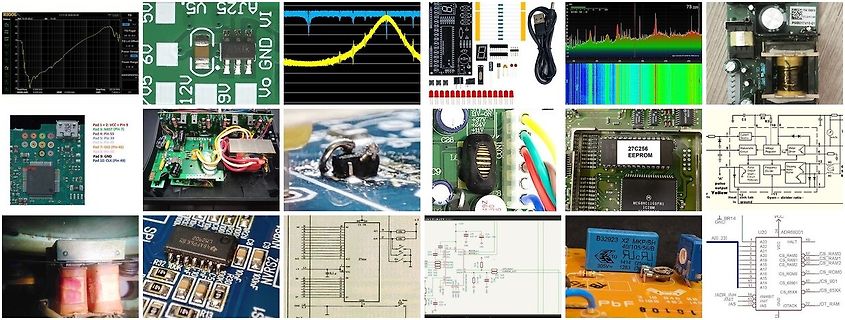 Collage aus Elektronikfotos, Schaltplänen, Oszilloskop-Kurven und Leiterplatten