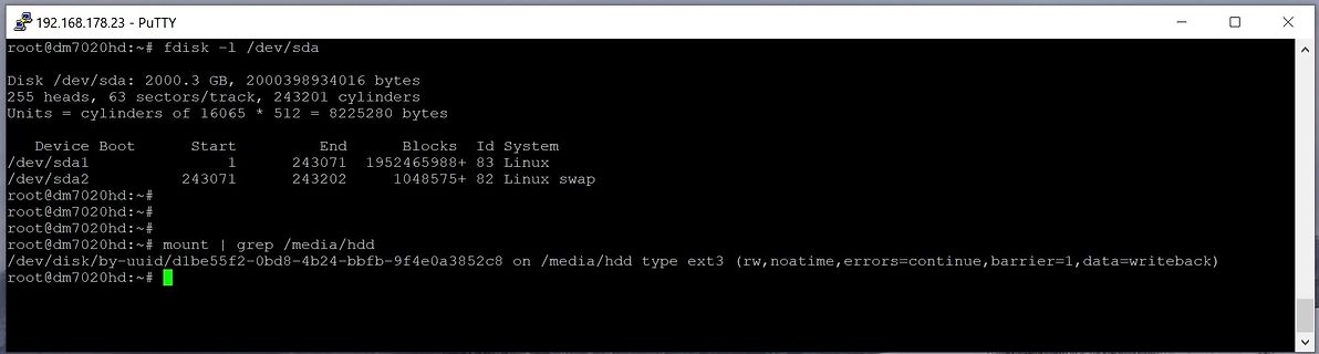 Terminal-Screenshot von fdisk und mount Befehlen