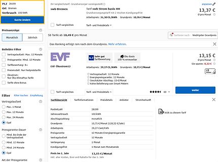 Screenshot einer Stromtarif-Vergleichsseite