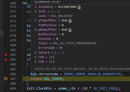 Debugger Ansicht von Mikrocontroller-Code