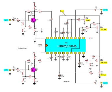 Schaltplan eines Audio-Vorverstärkers mit LM1035/LM1036