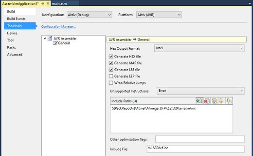 Einstellungen des AVR Assembler Toolchains in einer IDE